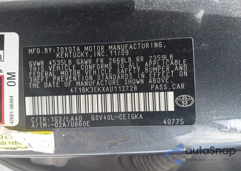 2010 Toyota Camry Xle V6 z USA, uszkodzony, nr VIN 4T1BK3EKXAU112728